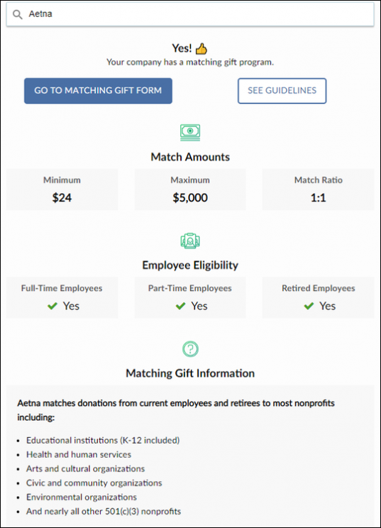 Double the Donation - Aetna matching gift program example